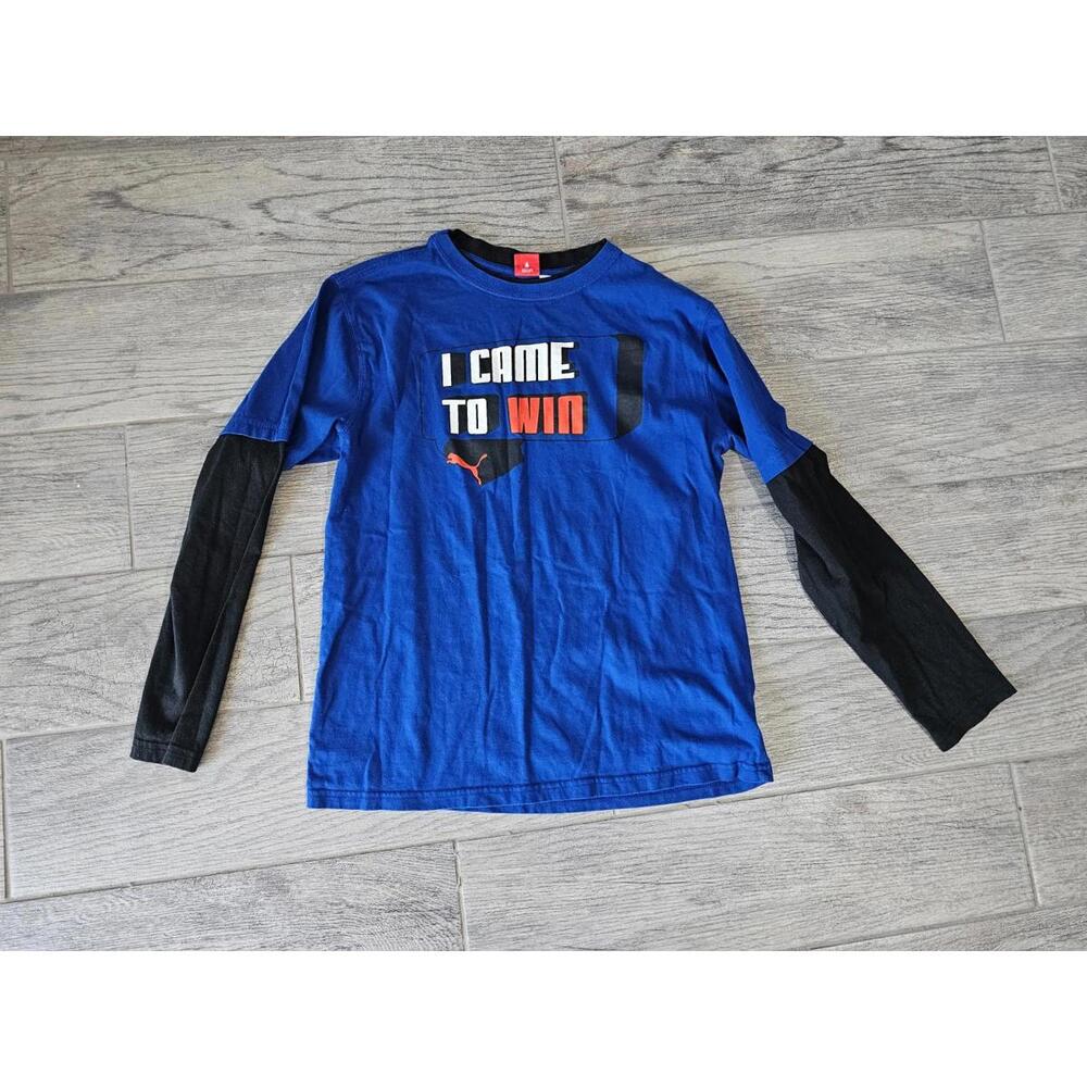 Boys Puma Shirt Long Sleeve Size X Large XL Blue & Black "I Came to Win" Sports